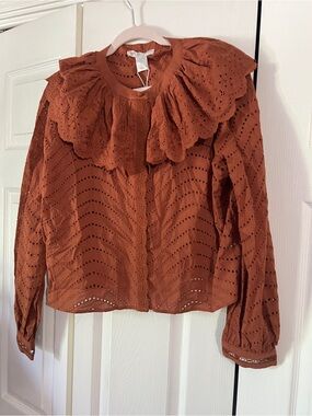 Caroline Constas Rust Eyelet Ruffle Collar Blouse